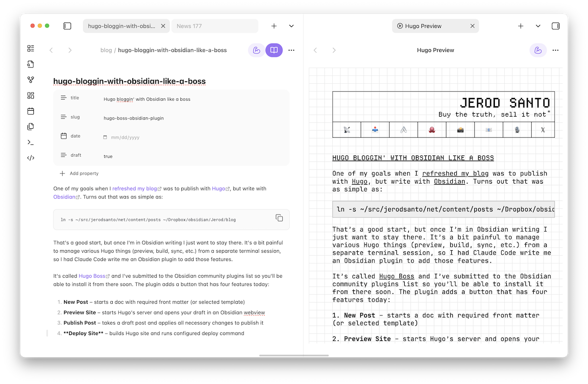 Hugo Boss in action. Blog post on the left. Preview on the right.