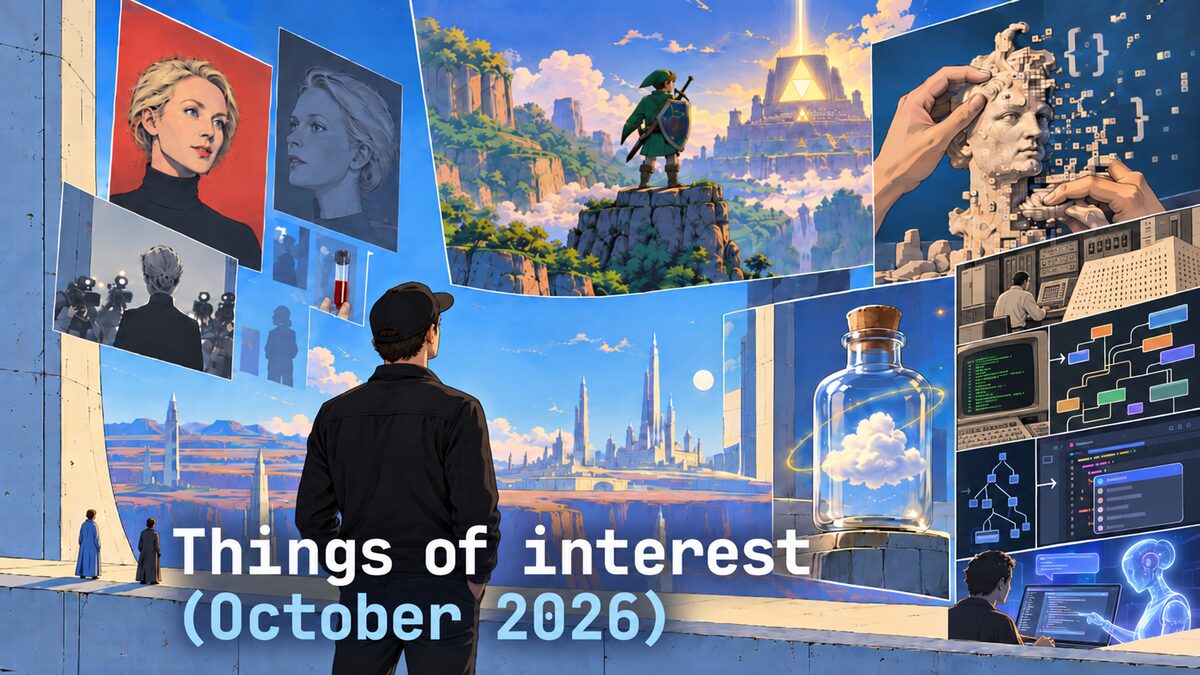 Moebius-themed share image featuring Elizabeth Holmes, code as clay, Zelda, and a cloud in a bottle